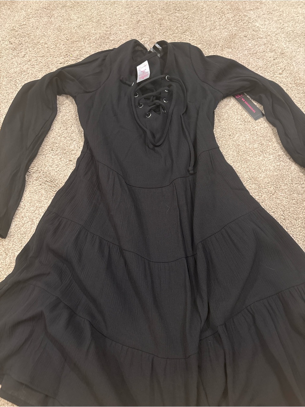 No Boundaries Black Lace-Up Long Sleeve Tiered Dress